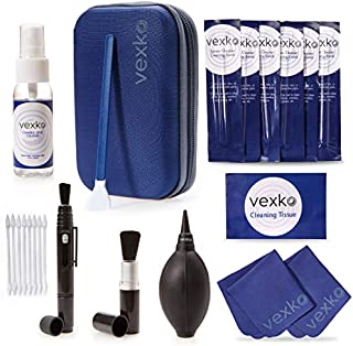 Vexko Camera Cleaning Kit for DSLR Cameras | Traveling Pouch + Camera Lens Cleaner Solution & Wipes + Microfiber Cleaning Cloths + Air Blower Nozzle + Sensor Cleaning Tissue + Swabs + Lens Pen + Brush