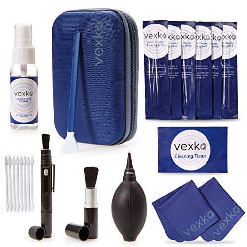 Vexko Camera Cleaning Kit for DSLR Cameras | Traveling Pouch + Camera Lens Cleaner Solution & Wipes + Microfiber Cleaning Cloths + Air Blower Nozzle + Sensor Cleaning Tissue + Swabs + Lens Pen + Brush