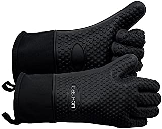 GEEKHOM Grilling Gloves, Heat Resistant Gloves BBQ Kitchen Silicone Oven Mitts, Long Waterproof Non-Slip Potholder for Barbecue, Cooking, Baking (Black)