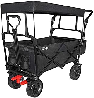 Elatany Heavy Duty Folding Outdoor Collapsible Utility Wagon Cart with Brake Big Wheels and Canopy for Grocery Beach Black 176Lbs Loading Capacity