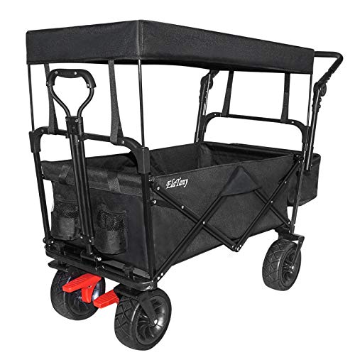 Elatany Heavy Duty Folding Outdoor Collapsible Utility Wagon Cart with Brake Big Wheels and Canopy for Grocery Beach Black 176Lbs Loading Capacity