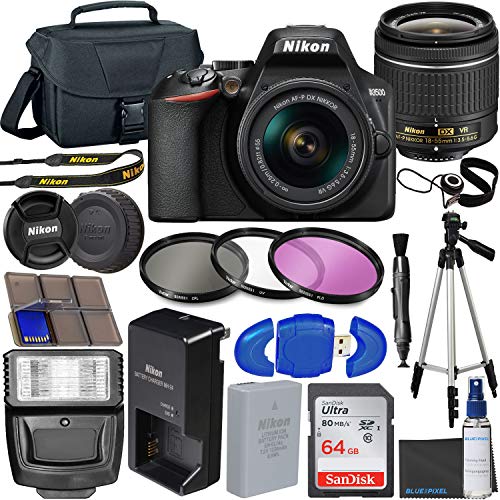 Nikon D3500 DSLR Camera with 18-55mm VR Lens + 64GB Card, Tripod, Flash, 3 Piece Filter Kit, Case, and More