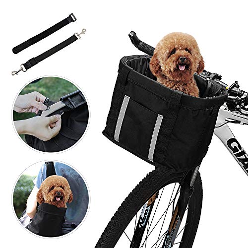 ANZOME Dogs Carrier Bike Basket, Handlebar Basket Folding Front Removable wiht Adjust Dog Seatbelts Bicycle Baset Quick Release Easy Install Detachable Cycling Bag Mountain Picnic Shopping