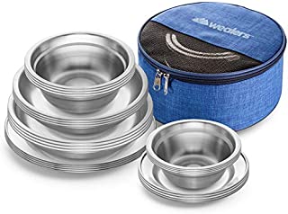 Wealers Stainless Steel Plates and Bowls Camping Set Small and Large Dinnerware for Kids, Adults, Family | Camping, Hiking, Beach, Outdoor Use | Incl. Travel Bag (24-Piece Kit)