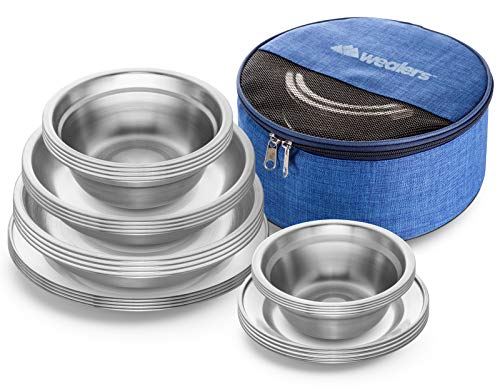 Wealers Stainless Steel Plates and Bowls Camping Set Small and Large Dinnerware for Kids, Adults, Family | Camping, Hiking, Beach, Outdoor Use | Incl. Travel Bag (24-Piece Kit)