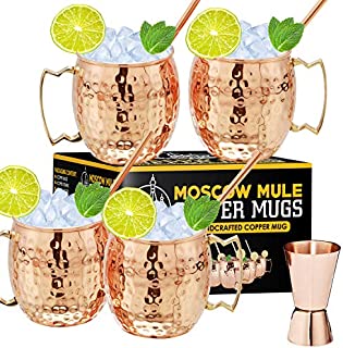 Moscow Mule Copper Mugs - Set of 4, 16 oz Copper Mug Cups, Great Gift Set with 4 Cocktail Copper Straws and Jigger