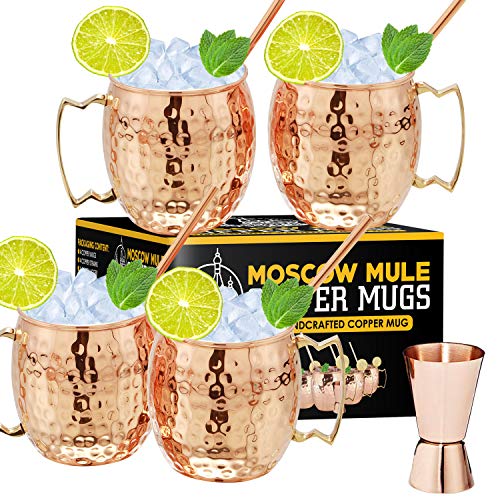 Moscow Mule Copper Mugs - Set of 4, 16 oz Copper Mug Cups, Great Gift Set with 4 Cocktail Copper Straws and Jigger