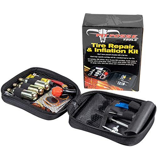 Pit Posse Motorcycle Tire Repair Kit with Co2 Inflator and Cartridges for Tube and Tubeless Tires, Emergency Roadside Kit, Flat Tire Accessories for Easy Repair