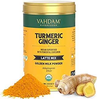 VAHDAM, Organic TURMERIC + GINGER Latte, 40 Cups (3.53 oz) | USDA Organic Certified Golden Milk Powder with powerful CURCUMIN | Turmeric Powder + Ginger | Turmeric Latte | Brew Hot or Iced