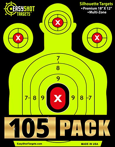 105-PACK EasyShot Shooting Targets 18 X 12 inch. Shots are Easy to See with Our High-Vis Neon Yellow & Red Colors. Thick Silhouette Paper Sheets for Pistols, Rifles, BB Guns, Airsoft and More.