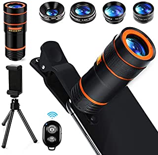 Cell Phone Camera Lens Kit,6 in 1 Universal +0.62x Wide Angle &25x Macro +235°Fisheye +Phone Holder -Shutter Remote+Tripod for iPhone X/8/7/6/6s plus Samsung Android & phone