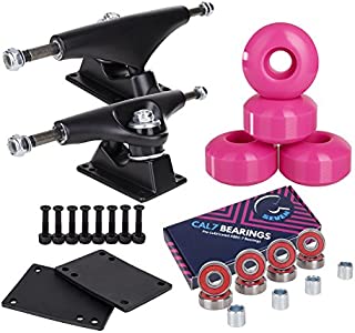 Cal 7 Skateboard Package Combo with 5 Inch / 129 Millimeter Trucks, 52mm 99A Wheels, Complete Set of Bearings and Steel Hardware (Black Truck + Pink Wheels)