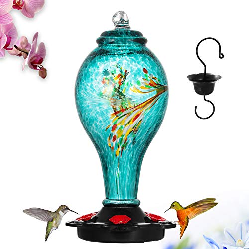 LUJII Hummingbird Feeder, Hand Blown Glass Hummingbird Feeder, Never Fade, 36 Fluid Ounces, 5 Feeding Metal Stations, More Biger, Garden Backyard Decorative, Containing Ant Moat (Blue)