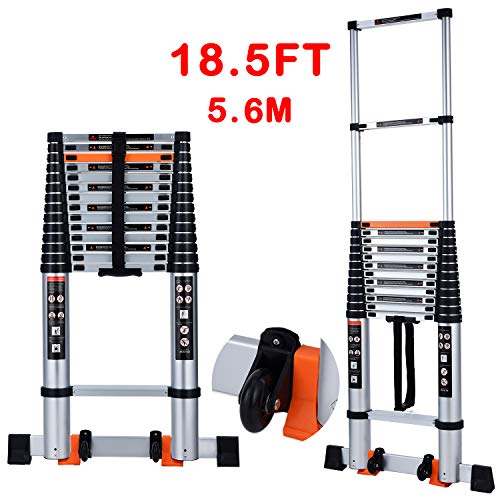 Telescoping Ladder Extension Multi-Purpose 18.5 FT Aluminum Foldable Industrial Compact Loft Ladder Household Daily or Emergency Use Portable Extendable Step Ladders 330 lb Large Loading Capacity