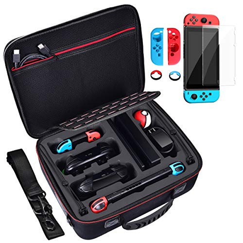 Diocall Deluxe Carrying Case Compatible with Nintendo Switch and Pro Controller, Accessories Bundle Includes Tempered Glass Screen Protector, Joy-con Silicone Case and Thumb Grips Caps