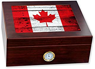 ExpressItBest Premium Desktop Humidor - Glass Top - Flag of Canada (Canadian) - Wood Design - Cedar Lined with humidifier & Front Mounted Hygrometer.