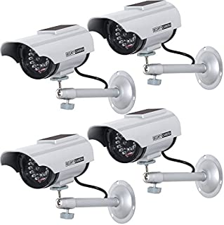 WALI Solar Powered Bullet Dummy Fake Simulated Surveillance Security CCTV Dome Camera Indoor Outdoor with 1 LED Light, Warning Security Alert Sticker Decal (SOLTC-S4), 4 Packs, Silver