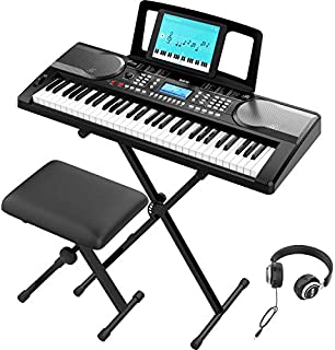 RIF6 Electric 61 Key Piano Keyboard - with Over Ear Headphones, Music Stand, Digital LCD Display, Teaching Modes and Adjustable Stool - Electronic Musical Instruments Starter Set for Kids and Adults