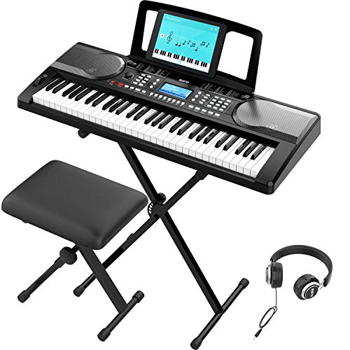 RIF6 Electric 61 Key Piano Keyboard - with Over Ear Headphones, Music Stand, Digital LCD Display, Teaching Modes and Adjustable Stool - Electronic Musical Instruments Starter Set for Kids and Adults