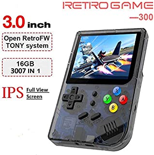 MJKJ Handheld Game Console , RG300 Retro Game Console OpenDingux Tony System , Built-in 3007 Classic Game Console 3 Inch IPS Screen Portable Video Game Console - Transparent Black