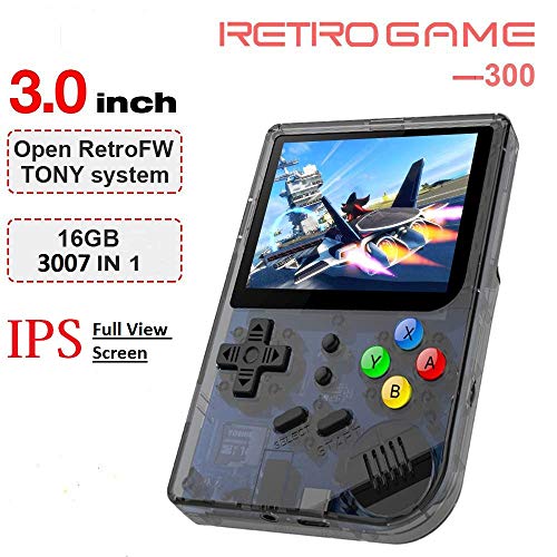 MJKJ Handheld Game Console , RG300 Retro Game Console OpenDingux Tony System , Built-in 3007 Classic Game Console 3 Inch IPS Screen Portable Video Game Console - Transparent Black