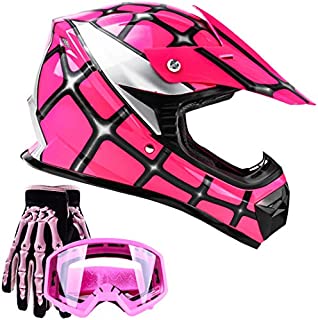 Typhoon Youth Kids Offroad Gear Combo Helmet Gloves Goggles DOT Motocross ATV Dirt Bike Spiderman Pink, Large