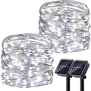 LiyuanQ Upgraded Solar Powered String Lights, 2 Pack 8 Modes 200 LED Solar Fairy Lights Waterproof 66ft Silver Wire Lights Outdoor Garden String Light for Home Patio Yard Party Decoration (Cool White)