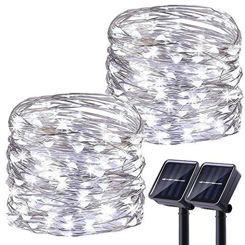 LiyuanQ Upgraded Solar Powered String Lights, 2 Pack 8 Modes 200 LED Solar Fairy Lights Waterproof 66ft Silver Wire Lights Outdoor Garden String Light for Home Patio Yard Party Decoration (Cool White)