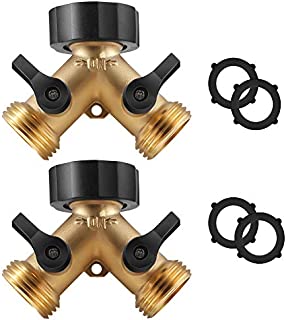 IPOW Solid Brass Body Backyard 2 Way Y Valve Garden Hose Connector Splitter Adapter + Extra 4 Rubber Hose Washers with Comfort Grip, 2 Pack