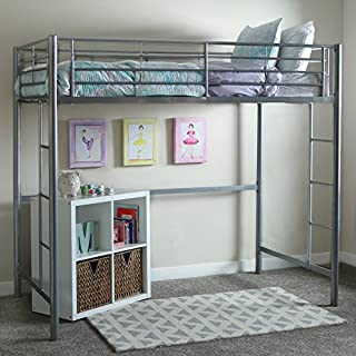 Walker Edison Modern Metal Pipe Twin Size Loft Bed Kids Bunk bed Bedroom Storage Guard Rail Ladder, Twin, Silver