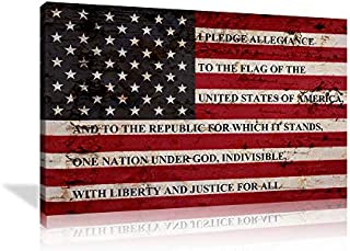 USA American Flag Sign Canvas Print Wall Art Decor US Pledge of Allegiance Artwork Home Picture for Bedroom Living Room Thin Red Line Painting Poster Framed Ready to Hang (28