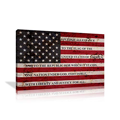 USA American Flag Sign Canvas Print Wall Art Decor US Pledge of Allegiance Artwork Home Picture for Bedroom Living Room Thin Red Line Painting Poster Framed Ready to Hang (28