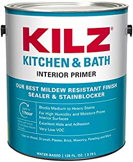 KILZ L204511 Kitchen & Bath Interior Latex Primer/Sealer/Stainblocker with Mildew-Resistant Finish, White, 1-Gallon, 1 Gallon, 4 l