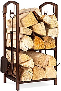 Best Choice Products 5-Piece Indoor Outdoor Wrought Iron Firewood Log Storage Rack Holder Tools Set for Fireplace, Fire Pit, Stove w/Hook, Broom, Shovel, Tongs - Bronze