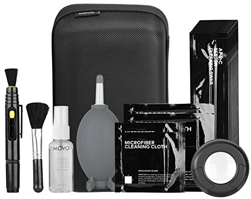 Movo Deluxe Essentials DSLR Camera Cleaning Kit PRO with LED Loupe, 10 APS-C Swabs, Sensor Cleaning Fluid, Air Blower, Lens Pen, Soft Brush, 2X Small and 2X Large Microfiber Cloth and Carrying Case