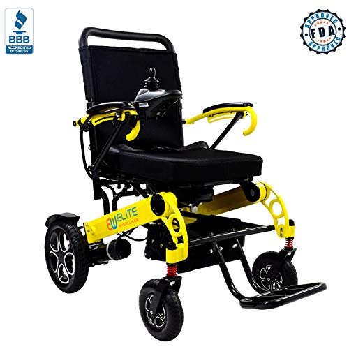 Elite Wheelchair Foldable Electric Power Wheelchair, Heavy Duty, Indoors/Outdoors, Wide Seat, Fits Any Car Trunk, Safe for Air Travel, Cover Bag, Cup Holder and 1 Battery Included, W5521 (Yellow)