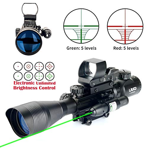 UUQ 4-12X50 Rifle Scope Red &Green Illuminated Range Finder Reticle W/Green Laser Sight and 4 Tactical Holographic Red Dot Reflex Sight