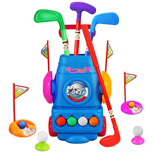 WTOR Kids Golf Club Set, 8 Golf Balls Toy Plastic Golf Cart with Wheels, Sports Toys Gift for Boys Girls 3 4 5 6 Year Old Outdoor Toys