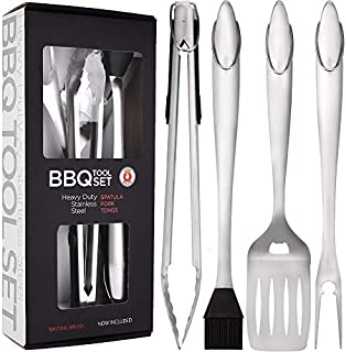 Alpha Grillers Heavy Duty BBQ Grilling Tools Set. Extra Thick Stainless Steel Spatula, Fork, Basting Brush & Tongs. Gift Box Package. Best for Barbecue & Grill. 18 Inch Utensils Turner Accessories