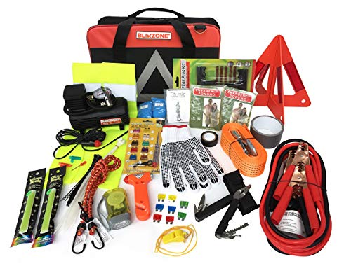 BLIKZONE Auto Roadside Assistance Car Kit Classic 81 Pc for Vehicle Emergency: Portable Air Compressor, Jumper Cables, Tire Repair Kit and All The Essential Tools, Accessories and Stuff to Drive Safe