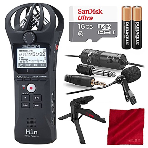 Zoom H1n Digital Handy Portable Recorder and 16GB Deluxe Accessory Bundle with Xpix Pro Lavalier Mic + Tripod + AAA Batteries + Fibertique Cloth