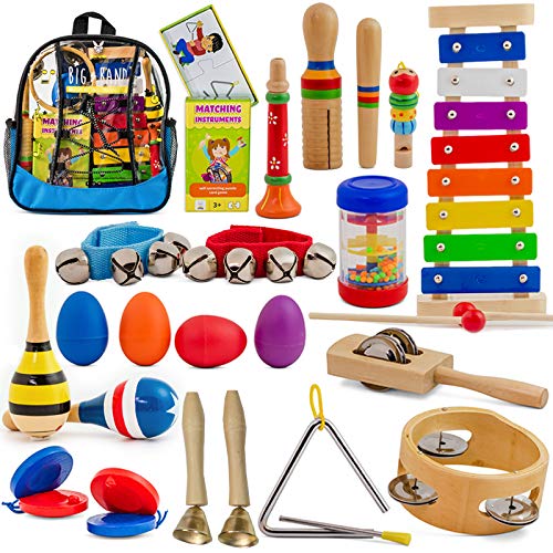 SMART WALLABY Toddler Musical Instruments Set | 26 pc + Bonus Puzzle Matching Game | Wooden Toys Educational Percussion Kit with Xylophone and Storage Backpack. Big Band