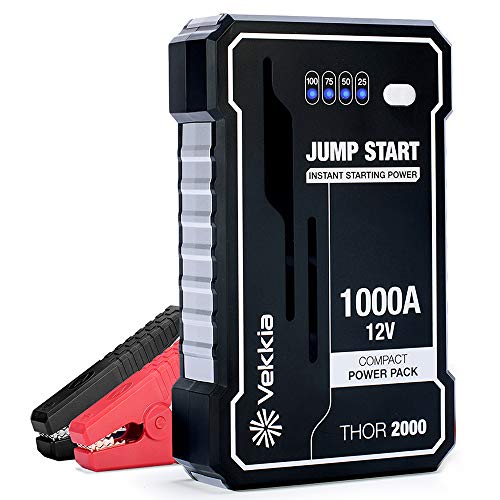 Vekkia Portable Lithium Car Jump Starter Power Pack Battery Booster, 1000A Peak Start Dead Batteries of 7.0L Engine. 4X-High-Efficiency-Output Tech, 40% More Powerful. Smart Clamp, Case & Cable Incl.