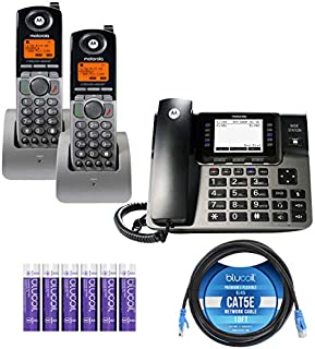 Motorola ML1000 DECT 6.0 Expandable 4-Line Business Phone System with Digital Receptionist Bundle with 2-Pack of ML1200 Cordless Handsets, Blucoil 10-FT 1 Gbps Cat5e Cable and 6 AAA Batteries