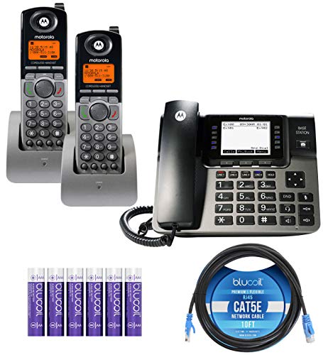 Motorola ML1000 DECT 6.0 Expandable 4-Line Business Phone System with Digital Receptionist Bundle with 2-Pack of ML1200 Cordless Handsets, Blucoil 10-FT 1 Gbps Cat5e Cable and 6 AAA Batteries