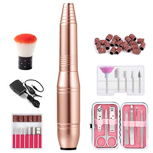 20000RPM Portable Electric Acrylic Nail Drill File Buffer Machine Kit for Liquid Monomer Dip Powder Polygel Gel polish Tips with Professional Salon Manicure Pedicure Brush efile Set 26pcs Sanding Band