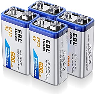 EBL 9 Volt Rechargeable Batteries Lithium ion 9V 600mAh Li-ion Batteries (4-Packs)