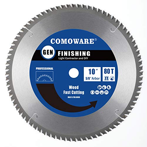 COMOWARE Circular Miter Saw Blade- 10 inch 80 Tooth, ATB Premium Tip, Anti-Vibration, 5/8 inch Arbor Light Contractor and DIY General Purpose Finishing for Wood,  Laminate, Plywood & Hardwoods