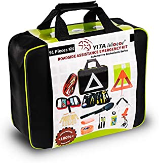 YITAMOTOR CETOEK-0000 Car Emergency Kit Toolkit Roadside with 10ft Jumper Cables, Tow Strap, led Flash Light, Safety Vest,Folding Shovels, Function Multi-Tool, Cleansing Wipes, Bandages, 92 Pack