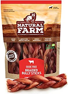 Natural Farm Made and Packaged Braided Bully Sticks: Odor-Free, 6 Long (5-Pack), 100% Beef - Grain-Free, Low Fat & Fully Digestible Dental Treats - Safest Dog Curly Chew to Keep Your Dog Busy